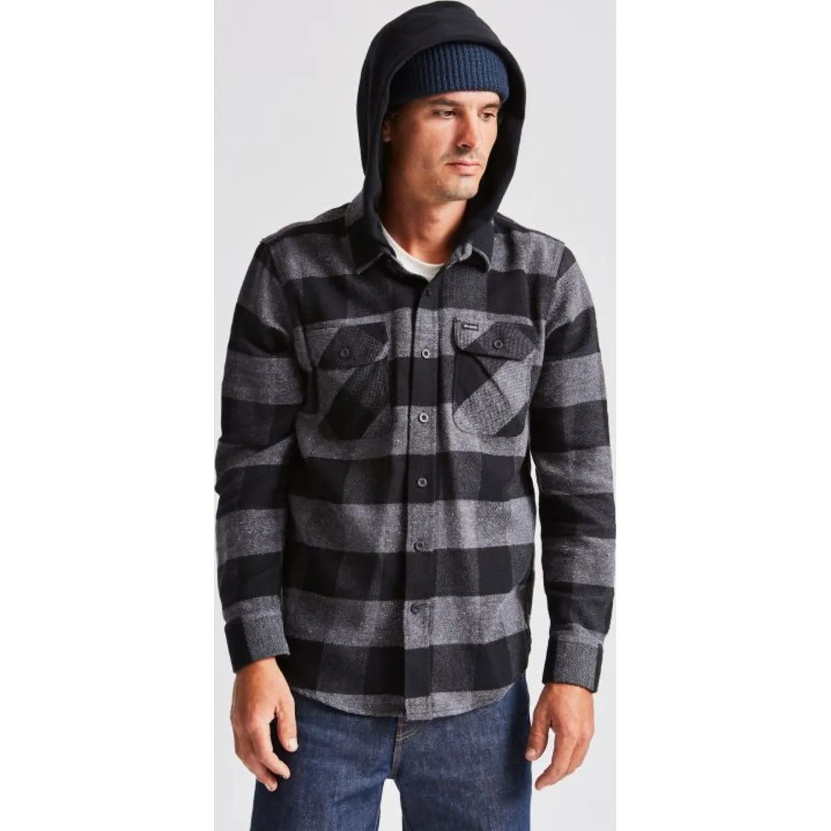 BOWERY HOOD L/S FLANNEL - BLACK/HEATHER GREY
