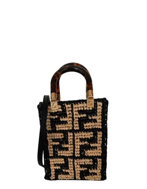 Fendi Monogram Black/Beige Raffia Mini Sunshine Shopper Tote Bag
