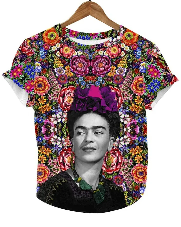 Frida Kahlo Full Print Graphic Tee Floral Mexican T-Shirt