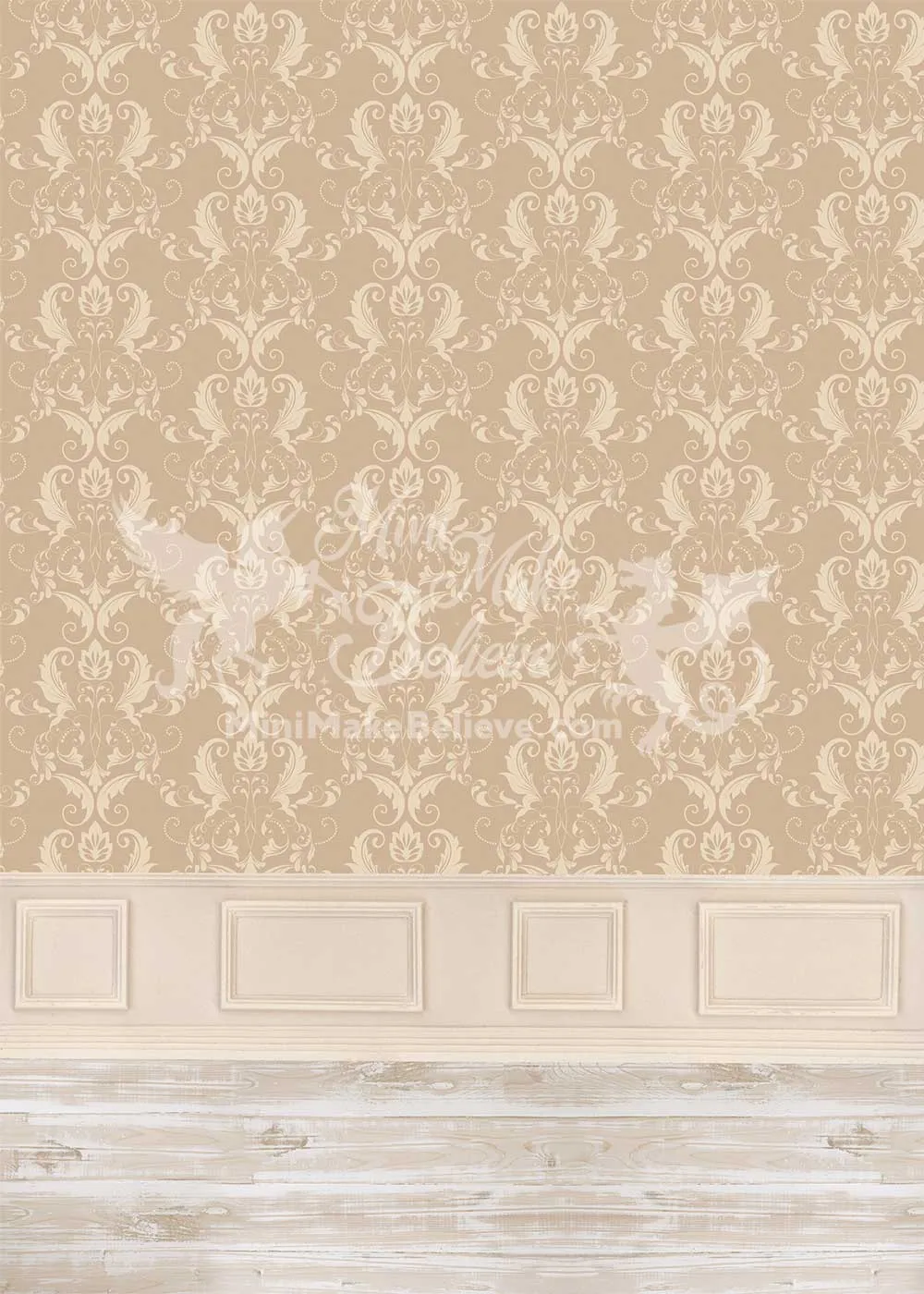 Kate Tan Beige Classical Damask Backdrop Ornate Wall with Wainscot Wedding Designed by Mini MakeBelieve