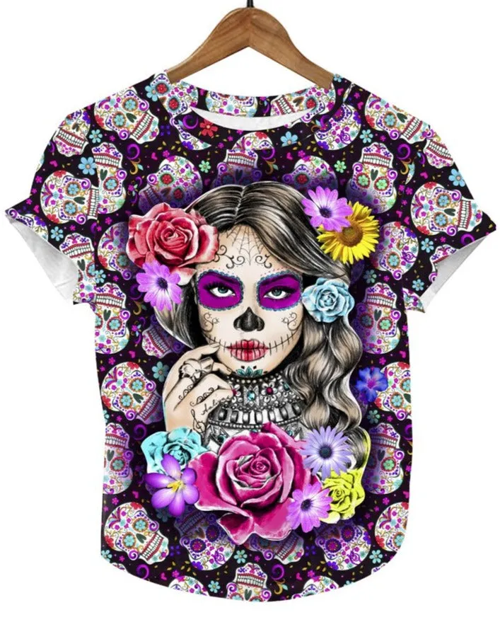 La Catrina Mexican T-Shirt Sugar Skull Full Print Graphic Tee Dia De Muertos