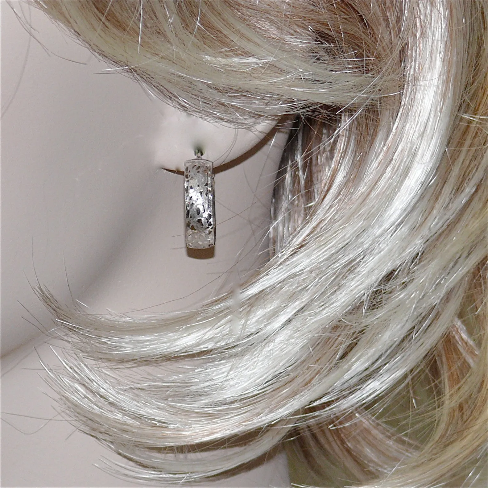 Leslie's Rhodium Plated Diamond Cut & Brush Patterned 14K White Gold Hinged Hoop Earrings