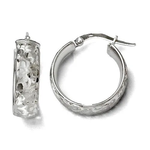 Leslie's Rhodium Plated Diamond Cut & Brush Patterned 14K White Gold Hinged Hoop Earrings