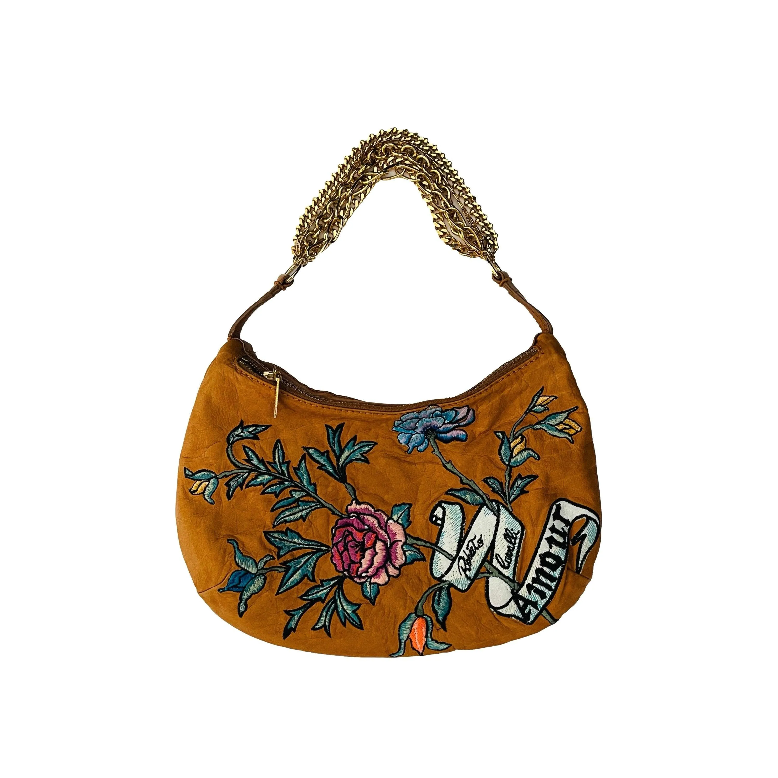 Roberto Cavalli Tan Tattoo Print Embroidered Shoulder Bag