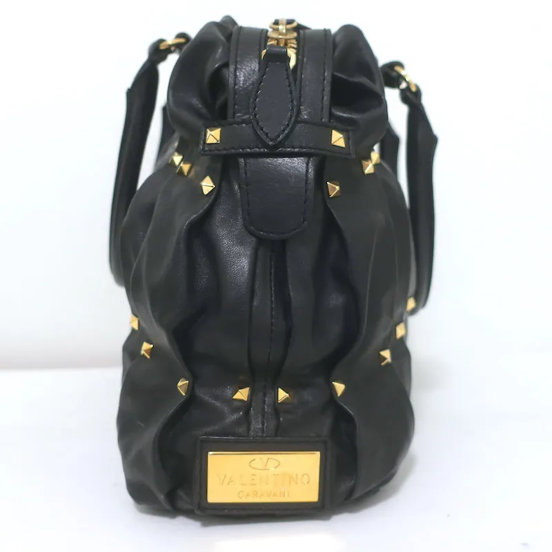 Valentino Maison Studded Tote Black Pleated Leather Large Shoulder Bag